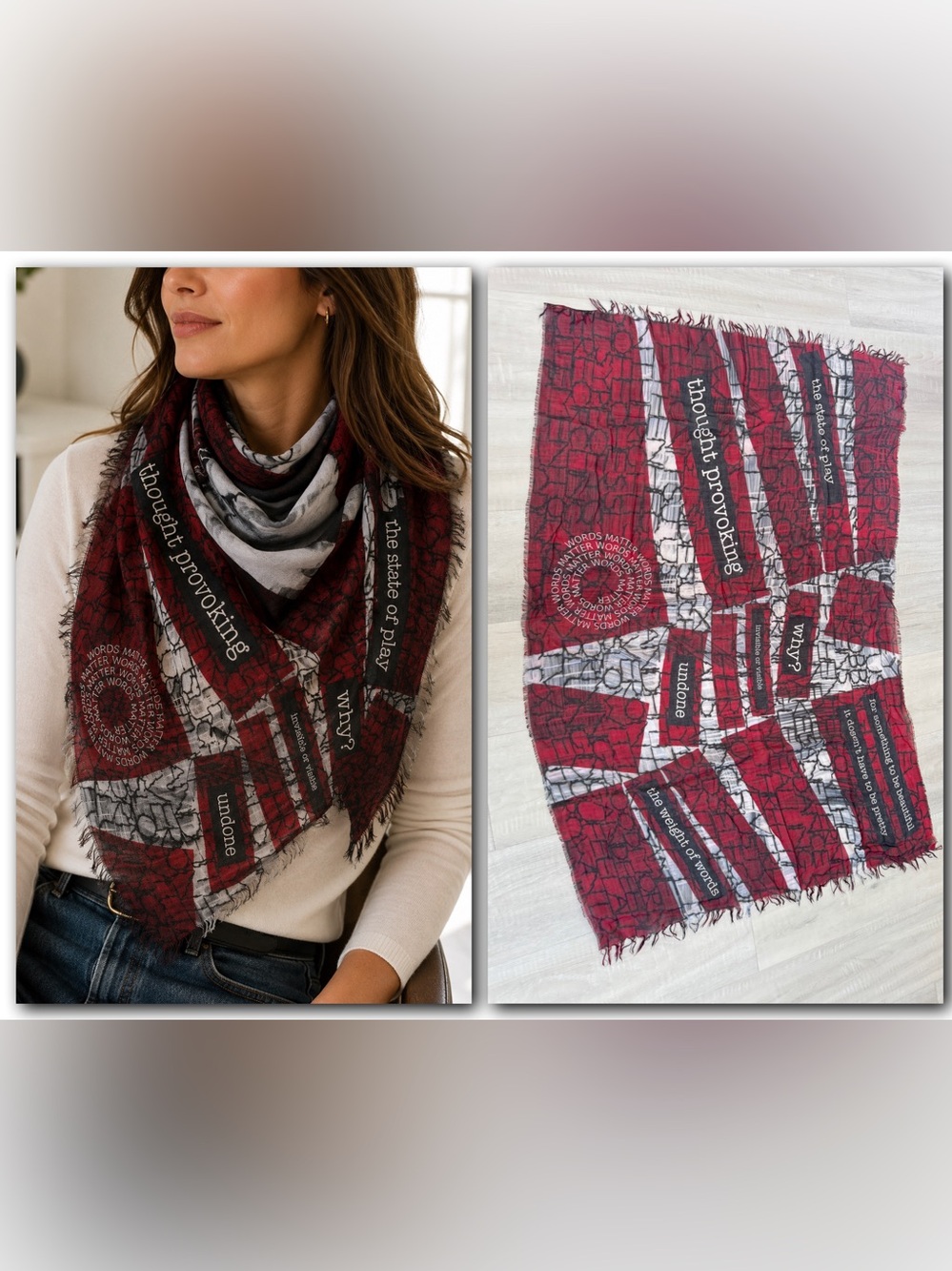 SUZI ROHER Thought Provoking Red Black Graphic Fringe Scarf Wrap Shawl